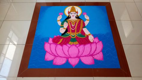 Lakshmi devi rangoli for Diwali Lakshmi Devi Rangoli Designs, Laxmi Mata Rangoli Designs, Laxmi Mata Rangoli, Laxmi Rangoli Designs Diwali, Devi Rangoli, Laxmi Mata, Ganpati Decoration Theme, Rangoli For Diwali, Poster Rangoli