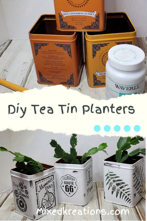 Reuse Tea Tins, Harney And Sons Tea Tins Crafts, Repurpose Tea Tins Ideas, Coffee Tins Upcycle, Upcycle Tea Tins, Old Tins Repurposed, Tea Tins Repurposed, Harney And Sons Tea, Tin Planters