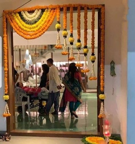 House Warming Decoration using marigold flowers Door Flower Decoration, Window Valence, Home Flower Decor, Flower Door, Diwali Decorations At Home, Housewarming Decorations, Wedding Entrance Decor, Diy Diwali Decorations, Mandap Decor