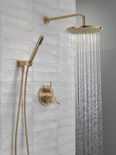 Master Bath Champagne Bronze, Champagne Faucet Bathroom, Gold Shower Fixtures Master Bath, Shower Fixtures And Hardware Ideas, Champagne Bathroom Fixtures, Delta Champagne Bronze Light Fixtures, Champagne Gold Bathroom Fixtures, Bathroom Shower Head Ideas, Brushed Bronze Bathroom Fixtures