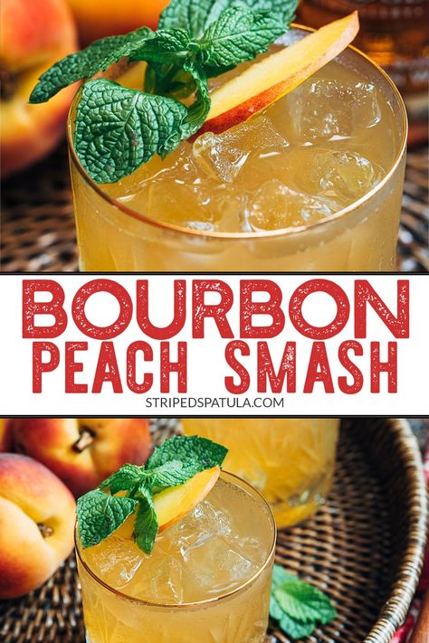 This Bourbon Peach Smash cocktail recipe is a refreshing sip for the dog days of summer! See how easy it is to make this fruity, lightly-spicy bourbon cocktail, made with brown sugar simple syrup. Non-alcoholic variation included in the recipe notes. #peach #cocktail #bourbon Sommer Mad, Cocktail Fruit, Refreshing Summer Cocktails, Liquor Drinks, Boozy Drinks, Bourbon Cocktails, Peach Recipe, Jello Shots, Alcohol Drink Recipes