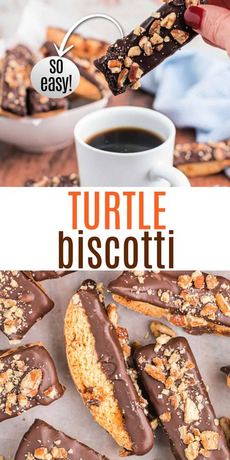 Turtle Biscotti, Pecan Biscotti Recipe, Christmas Biscotti Recipe, Best Biscotti Recipe, Homemade Biscotti, Christmas Biscotti, Caramel Pecans, Almond Biscotti Recipe, Chocolate Turtle