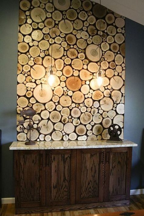 Kitchen Wall Panels, Log Wall, Bar Designs, Fa Fal, Tree Slices, Diy Holz, Basement Bar, Into The Woods, Wood Kitchen