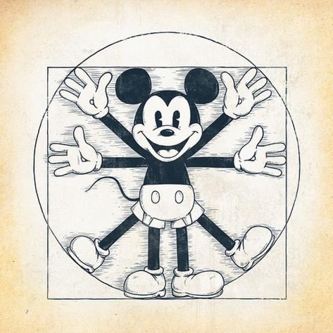 Vitruvian Mickey Mouse.  Da Vinci / Disney Da Vinci Vitruvian Man, Images Pop Art, Tattoo Disney, Vitruvian Man, Mickey Mouse Art, Trendy Tattoo, Disney Posters, Disney Images, Art Parody