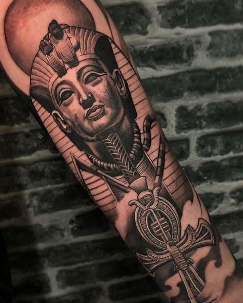 Osiris Tattoo Design, Osiris Tattoo Egyptian Mythology, Egyptian Forearm Tattoo, King Tut Tattoo Design, Pharoah Tattoo, King Tut Tattoo, Gods Tattoo, Phoenix Tattoo Men, Ireland Tattoo