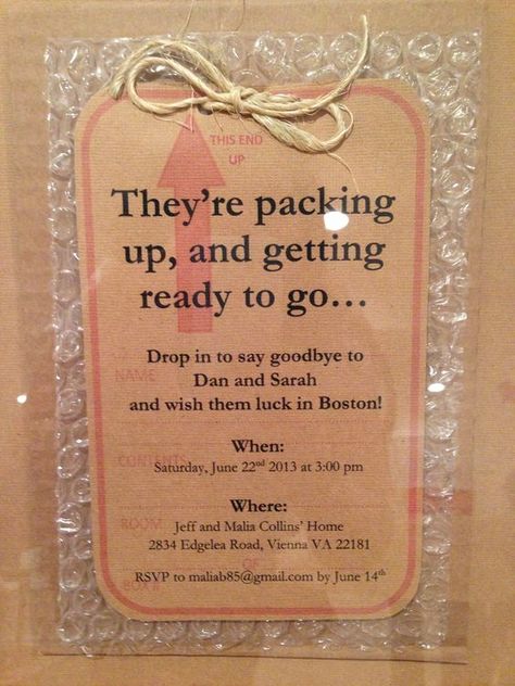 Going away party invitation on bubble wrap!: Friend Farewell Party, Invitation For Farewell Party, Goodbye Party Ideas Moving, Invitation Farewell Party, Ideas Party, Leaving Party, Farewell Party Invitations, Bon Voyage Party, Goodbye Party