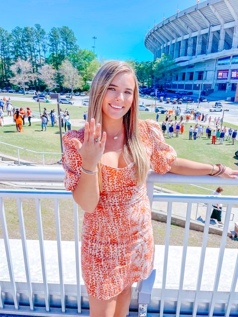 orange dress college outfit inspo ring ceremony junior ring preppy colorful outfit inspo kendra scott jewelry clemson university #preppy #kendrascott #ksoncampus #fashion #preppyinspo #preppyjewelry #preppyoutfit #pinkoutfit #goldjewelry #summerinspo #fashionideas #preppyroomdecor College Ring Ceremony Outfit, Ring Ceremony Outfit, College Ring Ceremony, College Ring, Ceremony Outfit, College Rings, Colorful Outfit, Ring Ceremony, Preppy Jewelry