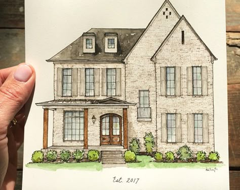 Brick House Sketch, Watercolor Homes, Simple House Sketch, House Art Drawing, Dream House Drawing, Watercolor Houses, House Drawings, Watercolor House Painting, Home Drawing