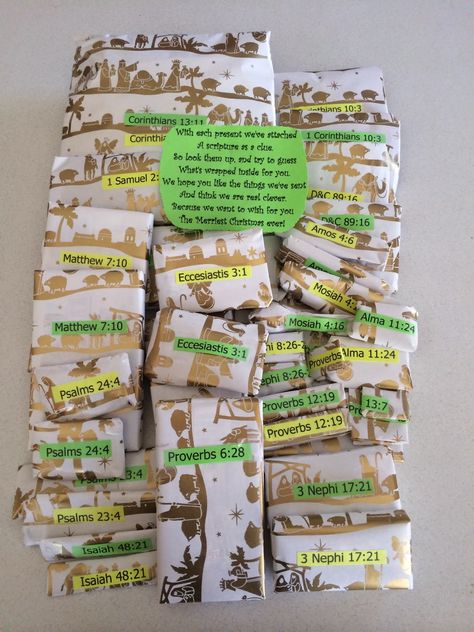 My mom is the best missionary mom ever! She made these for my little brother and sister who are on missions right now and I thought it was such a great idea I just had to share! Poem: With each present we’ve attachedA scripture as a clue.So look them up, and try to guessWhat’s wrapped … Continue reading "Scripture Themed Missionary Christmas Gifts" Missionary Christmas Packages, Christmas Care Package, Missionary Care Packages, Lds Mission, Missionary Gifts, Sister Missionaries, Missionary Work, Sister Christmas, Ideas Hogar