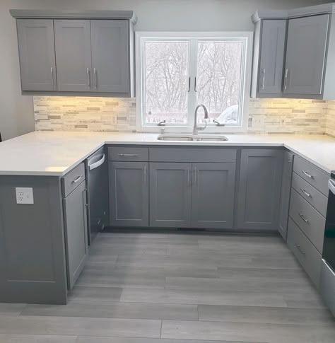 White Counters Grey Cabinets, Gray On Gray Kitchen, Grey Walls With Grey Cabinets, Kitchen White And Gray Cabinets, Simple Kitchen Remodel Modern, Gray Walls Gray Cabinets, Grey Cabinets In Kitchen, Grey Floor Kitchen Cabinets, Gray Kitchen Cabinets With Gray Floors