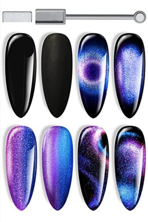 Cats Eye Galaxy Nails, Cat Eye Galaxy Nail Art, Galaxy Cat Eye Nails, Black Purple Cat Eye Nails, Galactic Nails, Cateye Nailart Galaxy, Blue Chameleon, Purple Magnetic Nail Polish, Nail Polish Blue