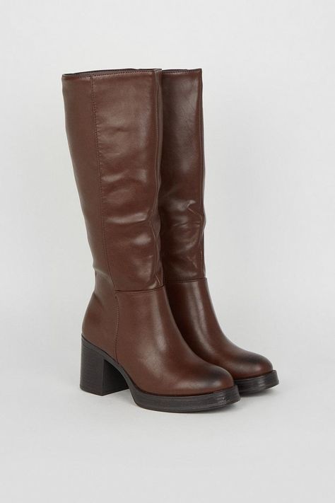 Boots | Platform Knee High Boots | Oasis Brown Platform Boots, Brown Boots Outfit, Platform Knee High Boots, Autumn Boots, Brown Autumn, Brown Heeled Boots, Brown Knee High Boots, Boots Platform, Oasis Fashion