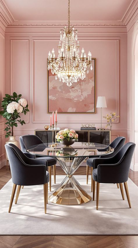 Pink Room Decor Pink And Gold Dining Room, Pink And Black Dining Room, Pale Pink Dining Room, Pink Dining Room Ideas, Blush Dining Room, Pink Dining Room Decor, Pink Dining Table, Pink Room Decor Ideas, Pink Dining Room