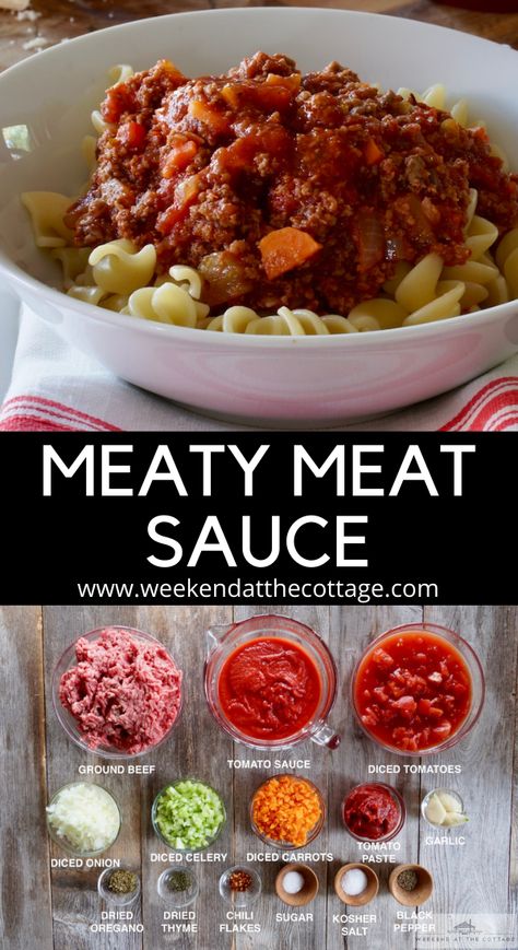 The Best Meaty Meat Sauce - Weekend at the Cottage Minced Meat Sauce, Quick Meat Sauce, Ground Beef Meat Sauce, Weekend At The Cottage Recipes, Mince Recipes For Dinner, Pasta Meatsauce, Pasta With Minced Meat, Athlete Meals, Making Lasagna