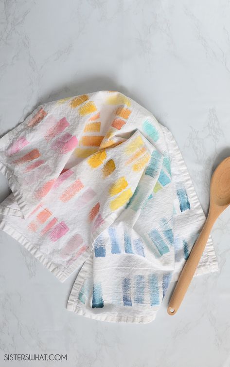 DIY Painted Tea Towels - Sisters, What! Painted Tea Towels, Flour Sack Towels Crafts, Tea Towels Crafts, Mops Crafts, Tea Towels Diy, Flour Sacks, Print Textiles, Craft Ideas For Adults, Library Crafts