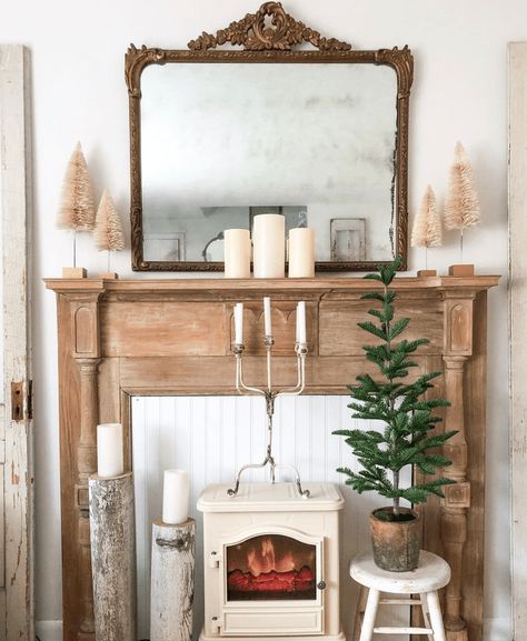 Faux Fireplace Ideas, Fireplace With Candles, Diy Fireplace Surround, Wooden Taper Candle Holders, Fireplace Shelves, Fireplace Mantle Decor, Candles In Fireplace, Blue Backsplash, Farmhouse Interior Design