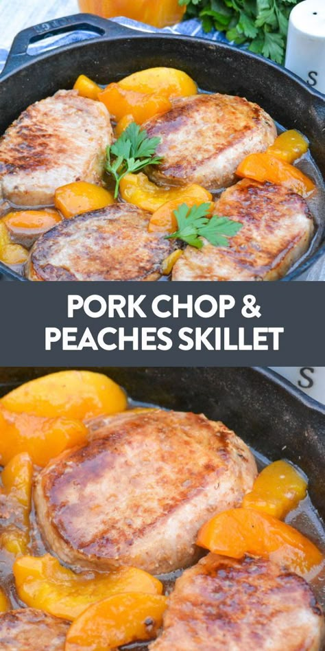 This pork chop and peaches skillet is a sweet, savory way to dress up dinner. This easy recipe gives the meat so much flavor and feels a little special because of the perfect blend of tangy peach flavors. #skillet #dinner #porkchops #recipe Pork Chops With Peaches Recipe, Peachy Pork Chops Recipe, Peaches Recipes Dinner, Pork Chops Peaches, Pork Chop And Peaches Recipes, Pork Chop With Peaches Recipes, Peaches And Pork Chops, Peach Pork Chop Recipes, Peach Sauce For Pork Chops