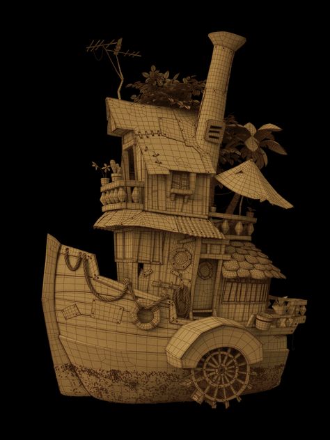 Chinese Boat, Boat Cartoon, Props Concept, Cool Tree Houses, Tug Boats, River Boat, 3d Modelling, Urban Sketching, Environment Concept Art