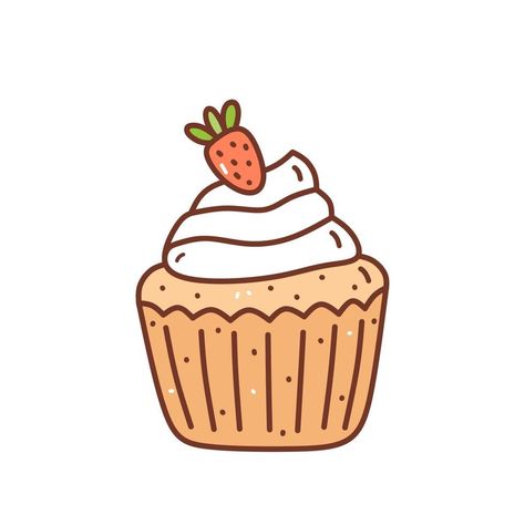 Cupcake with cream and strawberries isolated on white background. Cute dessert with berries. Vector hand-drawn illustration in doodle style. Perfect for holiday designs, cards, decorations, logo, menu Dessert Doodles Drawing, Cake Doodle Cute, Strawberry Cupcake Drawing, Cupcake Vector Illustration, Baking Cute Illustration, Cupcake Cute Drawing, Cupcake Doodle Cute, Cupcake Drawing Aesthetic, Cute Strawberry Doodle