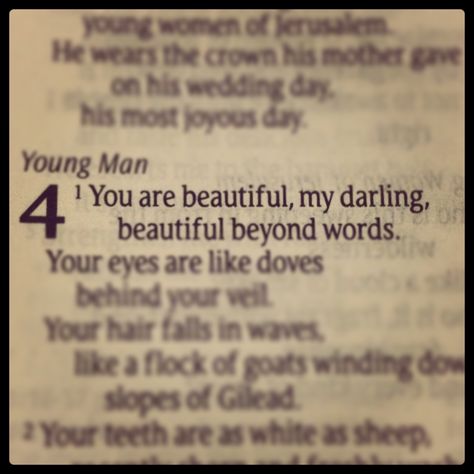 Whenever you feel less than beautiful - this is what The Lord thinks of you. Song of Songs 4. Song Of Songs 4:7, Song Of Songs, Soul Mates, Beyond Words, You Are Beautiful, Christian Quotes, The Lord, Soulmate, Verses