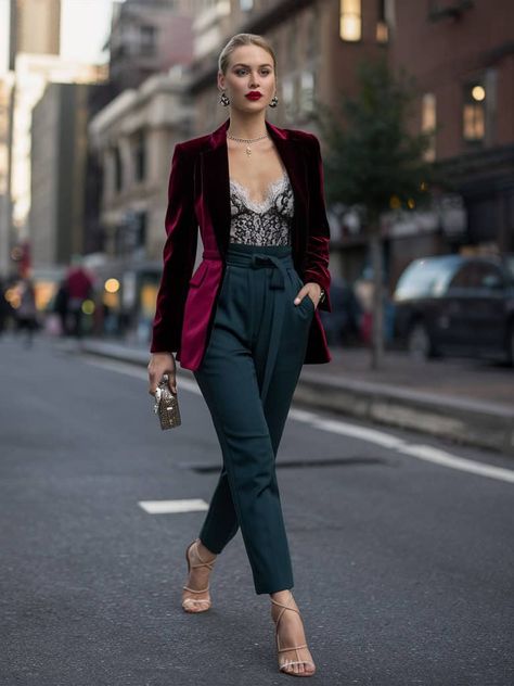 15 Blazing Hot Blazer Outfit Ideas for the Fashionista in You! 🔥👠 6 Burgundy Velvet Blazer Outfits, Purple Velvet Blazer Outfit, Red Velvet Blazer Outfit Women, Pattern Blazer Outfit, Red Velvet Blazer Outfit, Christmas Blazer Outfit, Leather Blazer Outfit Classy, Burgandy Blazer Outfit, Oversized Blazer Outfit Night