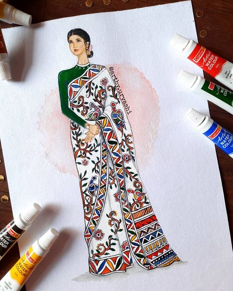 Saree with madhubani print Kalamkari Illustration Dress, Saree Print Design Drawing, Embroidery Illustration Fashion, Saree Pallu Design Sketch, Saree Illustration Sketch, Madhubani Dress, Saree Illustration, Madhubani Print, Dress Illustration Art