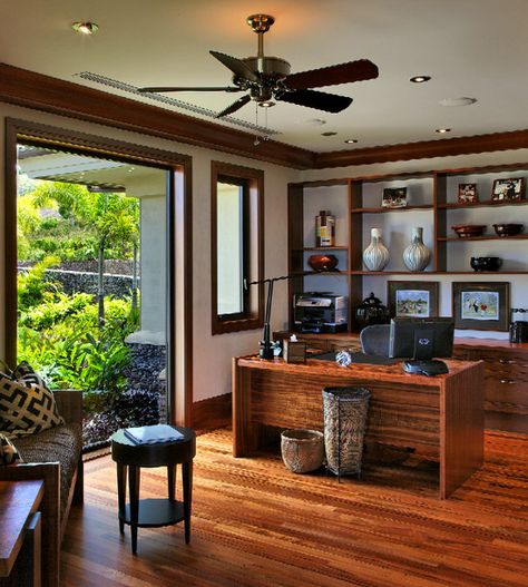 The Hawaiian Office......note how the room has just enough Koa wood to make it interesting without so much that it becomes too dark. Office Tropical Design, Hawaiian Office Decor, Tropical Office Decor, Tropical Home Office, Psychologist Office Design, Tropical Office, Tropical Furniture, Psychologist Office, Home Office Design Ideas