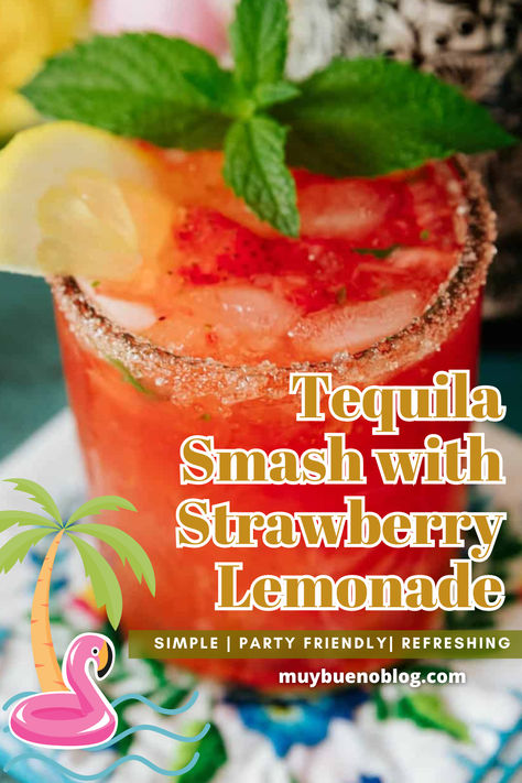 Tequila Smash With Strawberry Lemonade is tart, sweet, refreshing and carries a punch of booze in each sip. This is a wonderful summer friendly cocktail for adults only. Give this tequila and lemonade cocktail a try today. Lemonade Tequila Cocktail, Strawberry Cocktails Recipes, Fruity Tequila Drinks, Tequila Smash, Strawberry Cocktail Recipe, Tequila And Lemonade, Bueno Recipes, Strawberry Cocktails, Tequila Bar