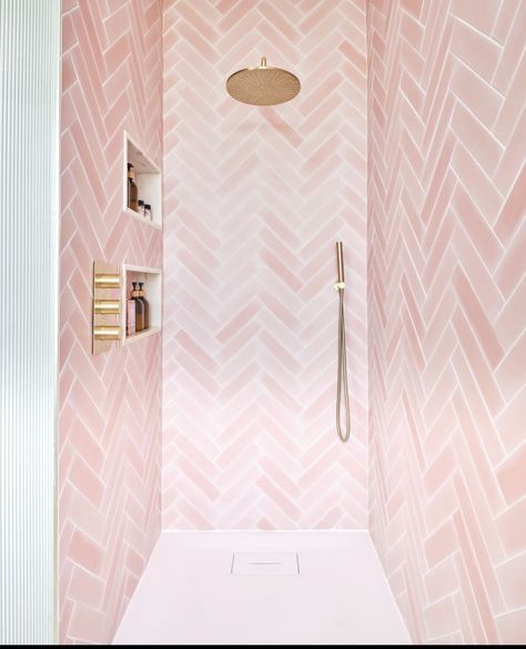 Tiny Bathroom Hacks, Pink Tile Bathroom, Pink Bathroom Tiles, Aesthetic Interior Design, Bathroom Walls, Casas The Sims 4, Pink Tiles, Brick Tiles, Girls Bathroom