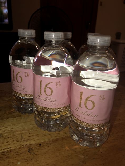 Water bottles  “sweet 16” Snack Ideas For Sweet 16, Sweet 16 Treat Bags, Sweet 16 Snack Bar, Sweet 16 Decorations Champagne, Sweet 16 Party Ideas Venues, Sweet 16 Snack Table, Sweet 16 Goody Bag Ideas, Sweet 16 Goodie Bags, Sweet 16 Hotel Party Ideas