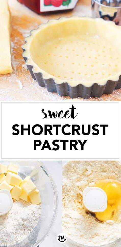 Close-up of a shortcrust pastry tart and of a food processor with flour, butter and egg. Easy Shortcrust Pastry Recipes, Sweet Shortcrust Pastry Recipe, Shortcrust Pastry Recipes, Easy Pastry Recipes, Pastries Recipes Dessert, Best Food Processor, Pastry Recipe, Baking Basics, Homemade Pastries