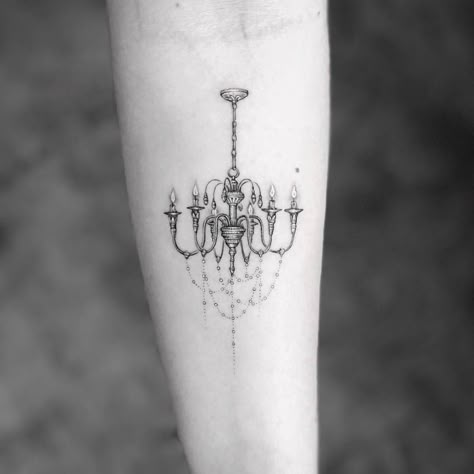 Single needle chandelier tattoo on the inner forearm. Chandelier Tattoo, Victorian Tattoo, Barbie Tattoo, Art Flash, Single Needle Tattoo, Inner Forearm, Simple Tattoo Designs, Cover Up Tattoo, Cover Up Tattoos