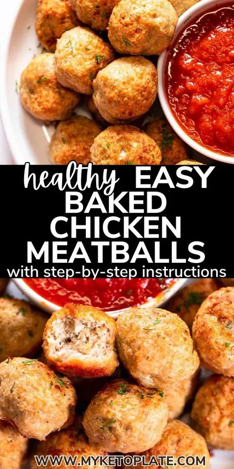 These Easy Baked Keto Chicken Meatballs are low-carb, gluten-free, and keto-friendly, the perfect addition to any meal or snack. Perfect for meal-prep, these juicy meatballs are made with ground chicken, parmesan cheese, and fresh herbs for an incredibly delicious flavor. Ground Chicken Parmesan, Keto Chicken Meatballs, Baked Keto Chicken, Chicken Meatballs Healthy, Ground Chicken Meatballs, Juicy Meatballs, Baked Chicken Meatballs, Chicken Meatball Recipes, Keto Lunch Recipes