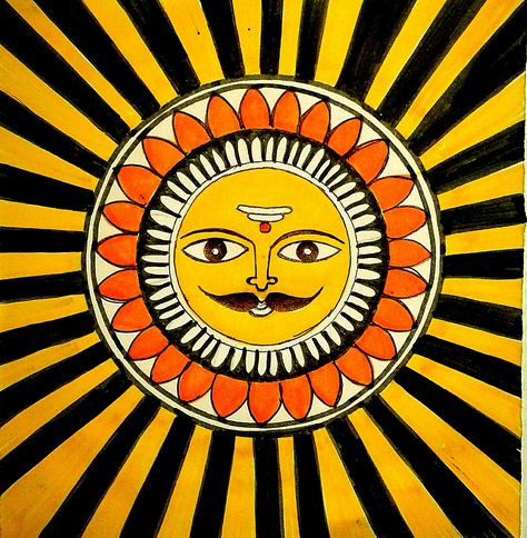 Madhubani Sun Simple Madhubani Art, Mauritius Painting, Worli Painting, Plate Painting, Sun Painting, Madhubani Art, Creative Idea, Mauritius, Etching