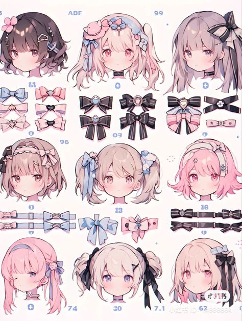 Hair Accessories Drawing Reference, Vtuber Hairstyles, Anime Hair Inspiration, Vtuber Tutorial, Cute Anime Hairstyles, Hair Accessories Drawing, Vtuber Hair, Vtuber Design Ideas, Chibi Outfits