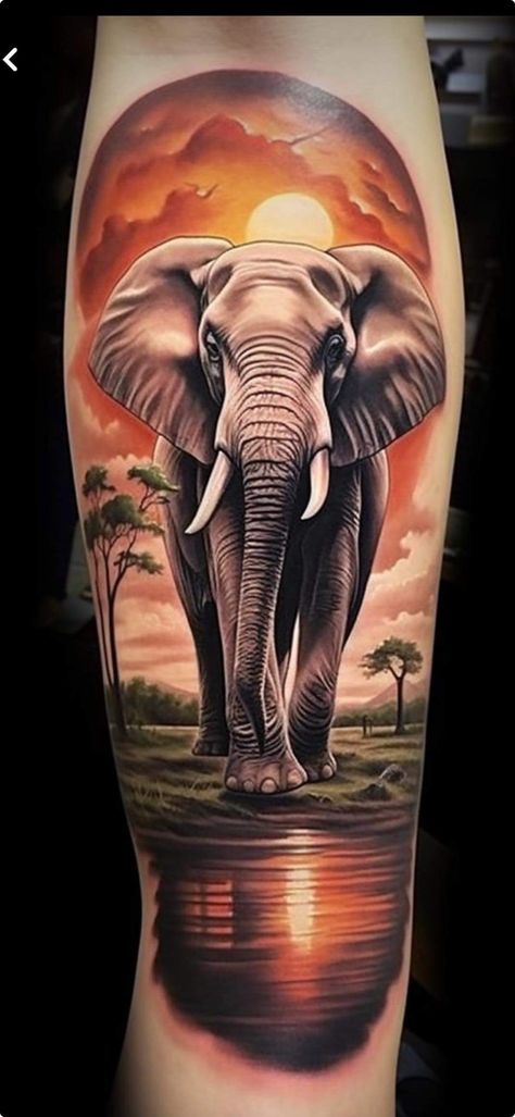 Unique Nature Tattoos, Elephant Art Tattoo, Unique Tattoo Sketches, Safari Tattoo, Emma Tattoo, Realistic Elephant Tattoo, Mens Tiger Tattoo, Calf Tattoo Men, Tattoo Elephant