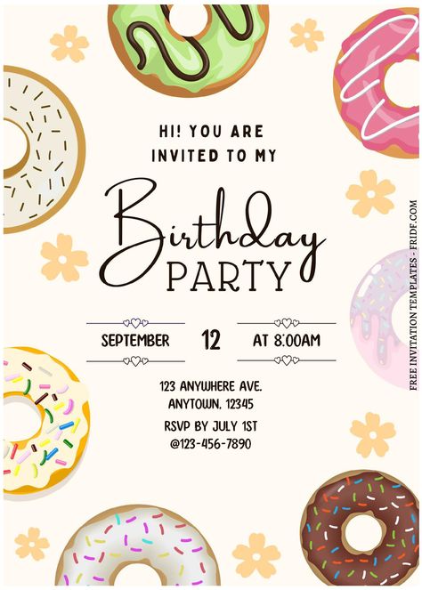 (Free Editable PDF) Lovely Sweet Donut Birthday Party Invitation Templates Donut Birthday Invitations, Donut Invitation Template, Birthday Invitation Template Free Editable, Donut Party Invitation, Donut Birthday Party Invitations, Donut Invitation, Doughnut Party, Donut Birthday Party, Birthday Party Invitations Free