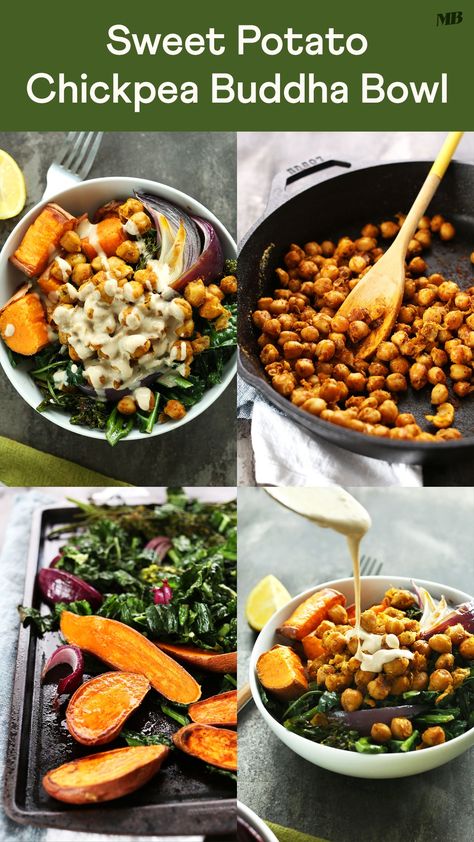 Flavorful, filling, 30-minute nourish bowl with roasted sweet potatoes, onion, kale, crispy chickpeas, and an AMAZING tahini-maple sauce! A healthy, satisfying plant-based meal. Chickpea Buddha Bowl, Maple Sauce, Potato Chickpea, Nourish Bowl, Sweet Potato Bowls, Yummy Healthy Food, Minimalist Baker, Crispy Chickpeas, Good Recipe