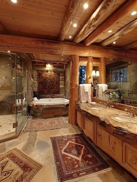 House Mountain View, Montana Ranch House, Log Home Bathroom, Rustic Log Cabin Homes, Rustic Cabin Home, Black Mansion, Boat House Ideas, Timber Bathroom, Dream Bathroom Master Baths