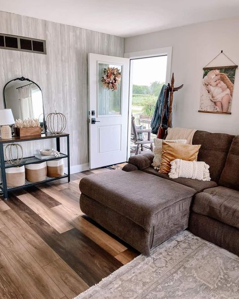 When creating a multi functional space it’s important that rooms flow together, a front door entryway living room combo can be a great place to start. This Entryway Living Room Combo, Dining Room Entryway Combo, Front Living Room Ideas, Small House Living Room, Small Living Room Layout, Front Door Entryway, White Shiplap Wall, Faux Brick Walls, Farmhouse Entryway