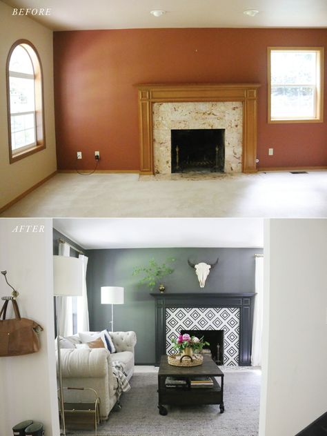 How to get the look of graphic cement tile (for much less) | Jones Design Company Cement Tiles Diy, Caravan Renovation Before And After, Living Room Makeovers, Rustic Renovations, Moody Living Room, Room Makeovers, Office Nook, Room Renovation, Living Room Remodel