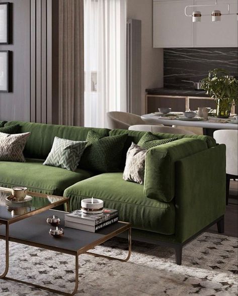 Living Room Designs Modern Minimalist, Green Leather Couch, Green Couches, Living Room Designs Apartment, Olive Living Rooms, Green Sofa Living Room, Living Room Designs Modern, Small Studio Apartment Decorating, Green Living Room Decor