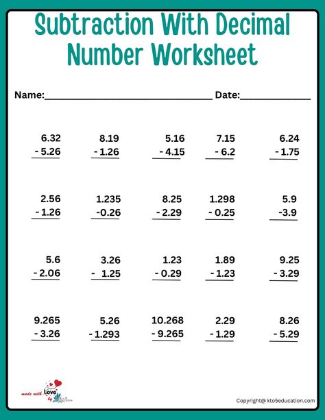 Subtraction With Decimal Number Worksheets For Kids | FREE Download Decimal Fractions Worksheets, Decimal Subtraction Worksheet, Subtracting Decimals Worksheet, Decimals Addition, Adding Decimals, Mental Maths, Mental Maths Worksheets, 5th Grade Worksheets, Math Decimals