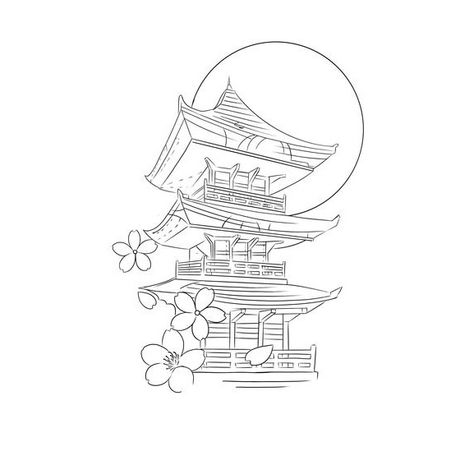 Chinese House Tattoo Design, Samurai House Tattoo, Chinese Pagoda Drawing, Chinese House Tattoo, Japanese Temple Tattoo Stencil, Chinese Temple Drawing, Japanese House Tattoo, Chinese Temple Tattoo, Cherry Blossom Tattoo Stencil