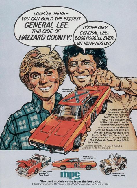 MPC Dukes of Hazzard model car ad from a 1981 issue of Boy's Life magazine. Cooter's Tow Truck. Daisy's Jeep. General Lee. Dukes of Hazzard awesome-ness!! www.DriveBaby.com Duke Of Hazzard, The General Lee, Dukes Of Hazard, The Dukes Of Hazzard, General Lee, Smokey And The Bandit, Dukes Of Hazzard, Movie Cars, Model Cars Kits