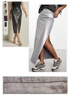 Silver Skirt Outfits, Metallic Denim, Silver Sequin Skirt, Silver Skirt, Satin Maxi Skirt, Maxi Rok, Metallic Skirt, Breezy Dress, Denim Maxi