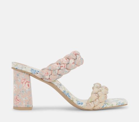 Cute sandals, spring shoes, floral shoes Heels Pink, Floral Heels, Bodysuit Blouse, Braided Sandals, Trending Sandals, Braided Strap, Pink Heels, Light Blue Denim, Dream Shoes