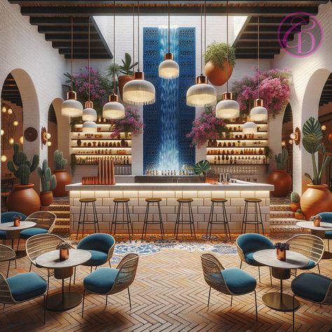 My @giLherrera twist of a Modern Mexican Hacienda Lobby Bar with a touch of Tulum/Cabo Vibez〰️🇲🇽 (I LOVE breeze block, do you?) . At CoLores Decor Our team is constantly experimenting with textures & “WOW” styles for a UNIQUE statement design for any room…Introducing TOP 🇲🇽 MeXican Artisan Design & CATAPULTING our culture’s Talent through the vision of our founder, GiL Herrera @giLherrera ♥️ . You think you know MeXican Artisan Design, but you have NO IDEA how PASSIONATE , CREATIVE, MASTERFUL... Hacienda Style Restaurant, Modern Mexican Restaurant Design, Spanish Style Bar, Modern Mexican Hacienda, Mexican Restaurants Interior, Modern Mexican Restaurant, Boho Cafe, Restaurant Bar Ideas, Modern Mexican Decor