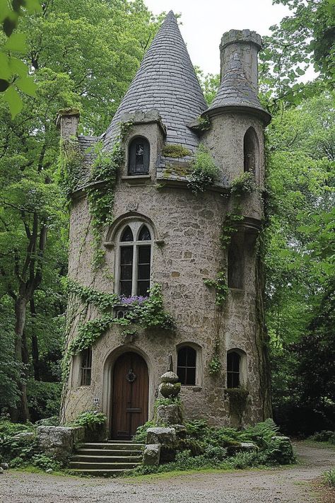 Stone Tower House, Witch Cabin Aesthetic, Tiny House Castle, Victorian Stone House, Stone Tiny House, Witchy Victorian House, Castle Tiny House, Tiny Castle House, Castle In Woods