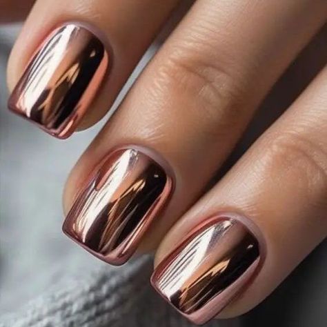 17 Best Fall Nail Designs You Will Love Metallic Nails Design Silver, Fall Nails Polish Color, Autumn Chrome Nails 2024, Dusty Rose Gold Nails, Copper Chrome Nails Designs, Metallic Dip Powder Nails, Copper Dip Nails, Fall Nails Metallic, Fall Pedicures 2024